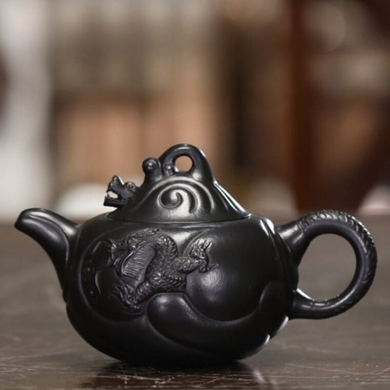 Full Handmade Yixing Zisha Teapot [Carp Dragon Pot] (Hei Ni – 170ml)