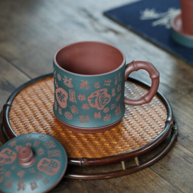 Yixing Zisha Tea Mug with Filter [Hundred Blessings] (Lu Ni / Zi Ni – 460ml)