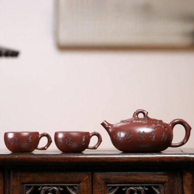 Full Handmade Yixing Zisha Teapot Set [Guan Yun Ting Tao] (Di Cao Qing – 300ml)