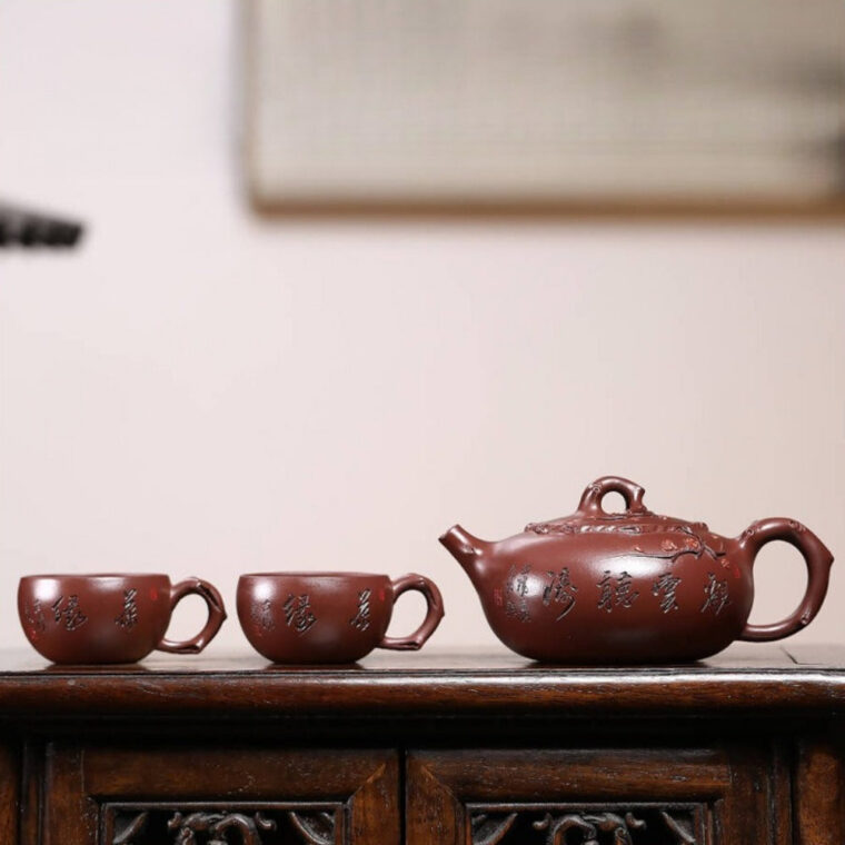 Full Handmade Yixing Zisha Teapot Set [Guan Yun Ting Tao] (Di Cao Qing – 300ml)