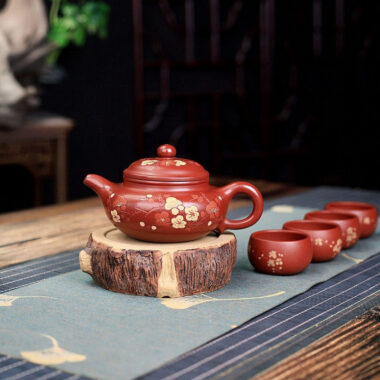 Yixing Zisha Teapot Set [Plum Blossom Fanggu] (Dahongpao – 270ml)