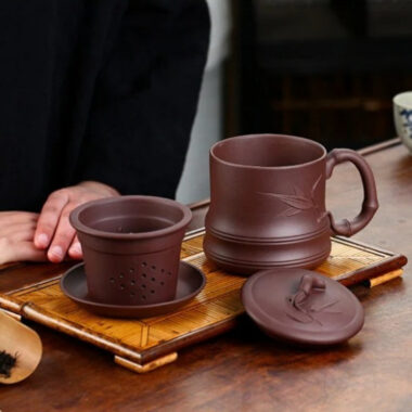 Yixing Zisha Tea Mug with Filter [Bamboo] 4pcs Set (Zi Ni – 480ml)