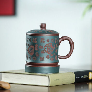 Yixing Zisha Tea Mug with Filter [Hundred Blessings] (Lu Ni / Zi Ni – 460ml)