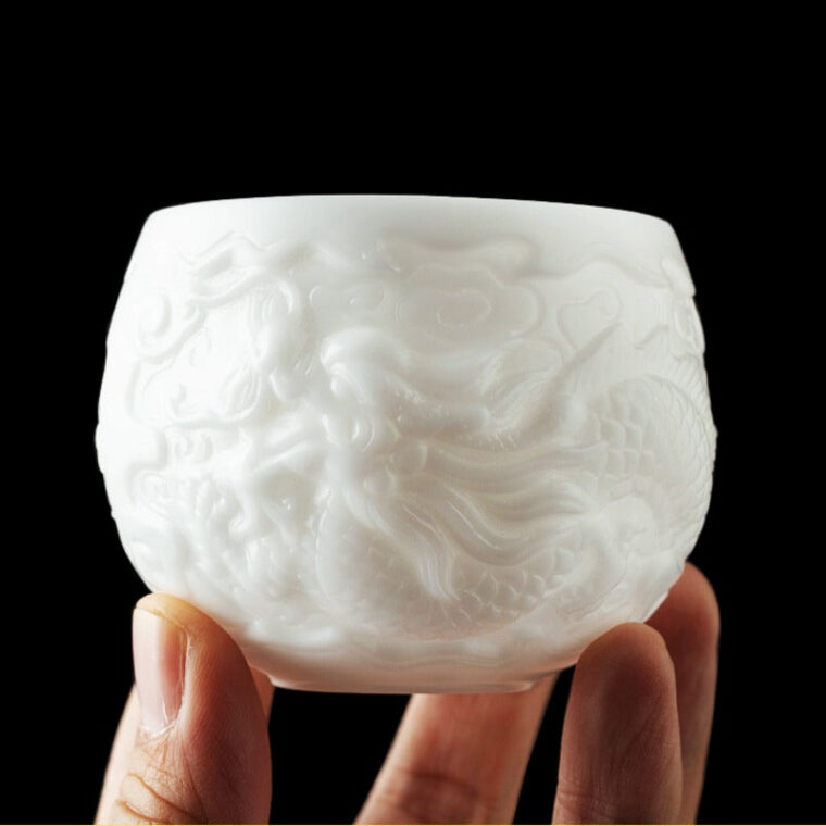 Ice Jade White Porcelain [Relief Dragon] Tea Cup 120ml