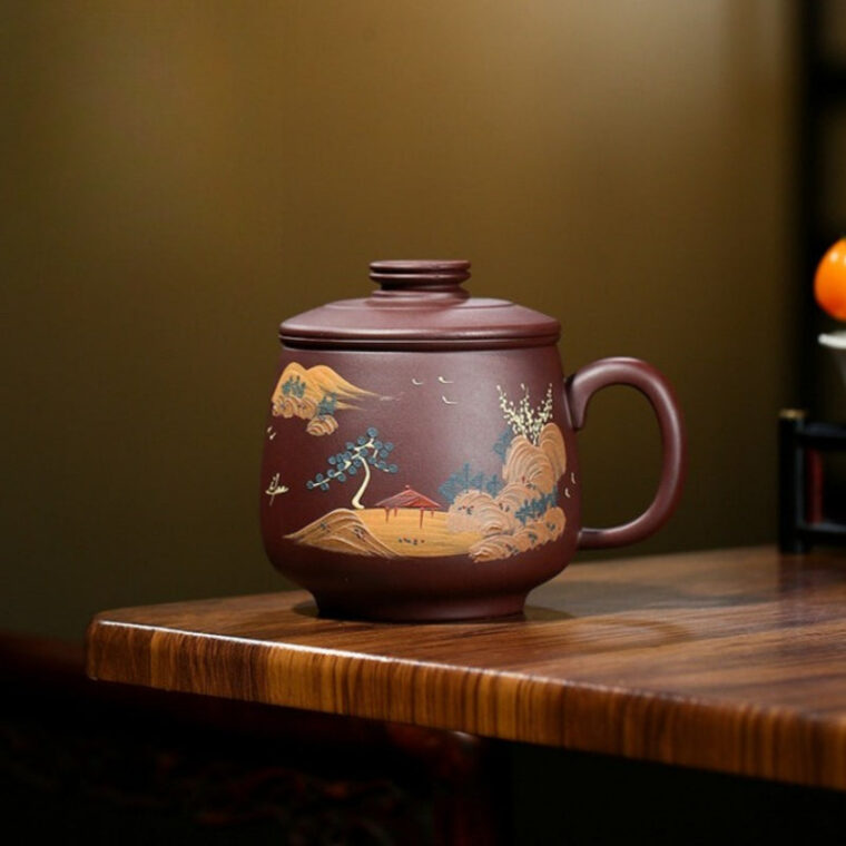 Yixing Zisha Tea Mug with Filter [Shanshui] (Zi Ni – 470ml)