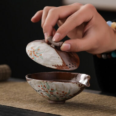 Firewood Fired Hand-painted Floral Ceramic Gaiwan / Fair Cup / Tea Cup