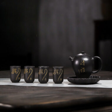 Full Handmade Yixing Zisha Teapot [Wen Xiang] 1 Pot 4 Cups with Tea Tray Set (Shi Huang – 150ml)