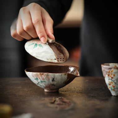Firewood Fired Hand-painted Floral Ceramic Gaiwan / Tea Cup Set [Happiness]