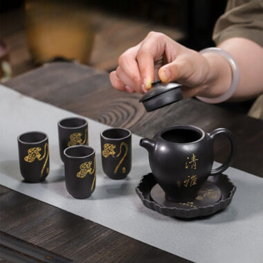 Full Handmade Yixing Zisha Teapot [Wen Xiang] 1 Pot 4 Cups with Tea Tray Set (Shi Huang – 150ml)