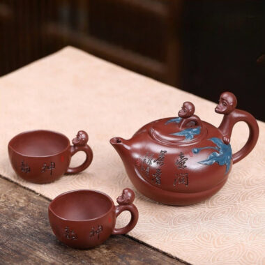 Full Handmade Yixing Zisha Teapot Set [Mother and Son] (Di Cao Qing – 300ml)