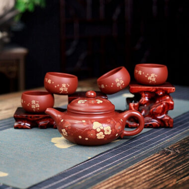 Yixing Zisha Teapot Set [Plum Blossom Fanggu] (Dahongpao – 270ml)