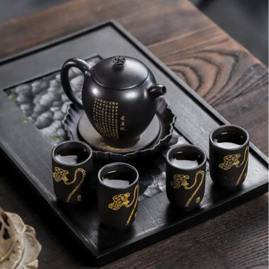 Full Handmade Yixing Zisha Teapot [Wen Xiang] 1 Pot 4 Cups with Tea Tray Set (Shi Huang – 150ml)