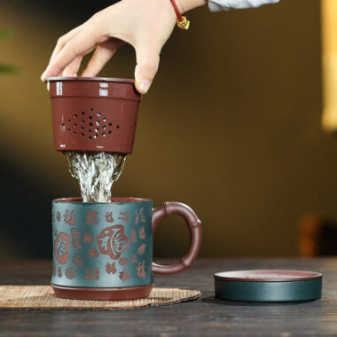 Yixing Zisha Tea Mug with Filter [Hundred Blessings] (Lu Ni / Zi Ni – 460ml)