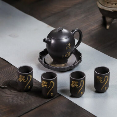 Full Handmade Yixing Zisha Teapot [Wen Xiang] 1 Pot 4 Cups with Tea Tray Set (Shi Huang – 150ml)