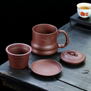 Yixing Zisha Tea Mug with Filter [Bamboo] 4pcs Set (Zi Ni – 480ml)