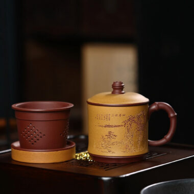 Yixing Zisha Tea Mug with Filter [Song Ting Wan Cui] (Zi Ni / Huangjin Duan Ni – 390ml)