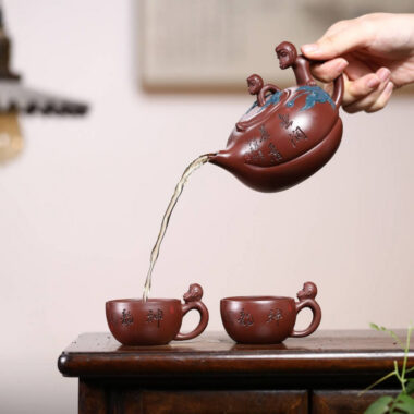 Full Handmade Yixing Zisha Teapot Set [Mother and Son] (Di Cao Qing – 300ml)