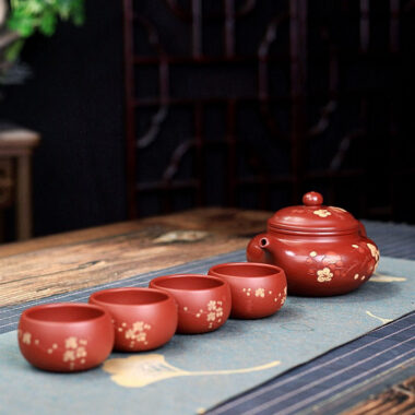 Yixing Zisha Teapot Set [Plum Blossom Fanggu] (Dahongpao – 270ml)