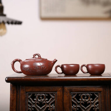 Full Handmade Yixing Zisha Teapot Set [Guan Yun Ting Tao] (Di Cao Qing – 300ml)