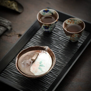 Firewood Fired Hand-painted Floral Ceramic Gaiwan / Tea Cup Set [Happiness]