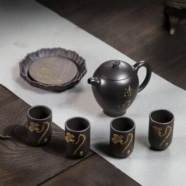 Full Handmade Yixing Zisha Teapot [Wen Xiang] 1 Pot 4 Cups with Tea Tray Set (Shi Huang – 150ml)