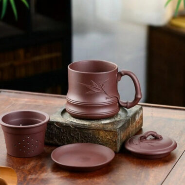 Yixing Zisha Tea Mug with Filter [Bamboo] 4pcs Set (Zi Ni – 480ml)