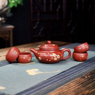 Yixing Zisha Teapot Set [Plum Blossom Fanggu] (Dahongpao – 270ml)