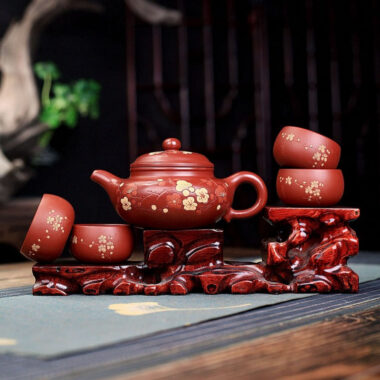 Yixing Zisha Teapot Set [Plum Blossom Fanggu] (Dahongpao – 270ml)