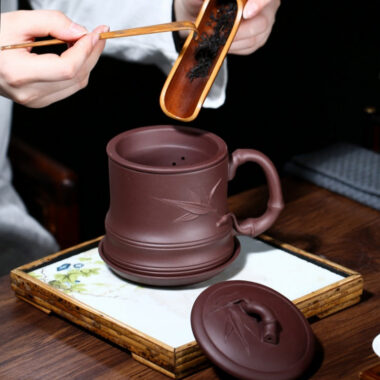 Yixing Zisha Tea Mug with Filter [Bamboo] 4pcs Set (Zi Ni – 480ml)