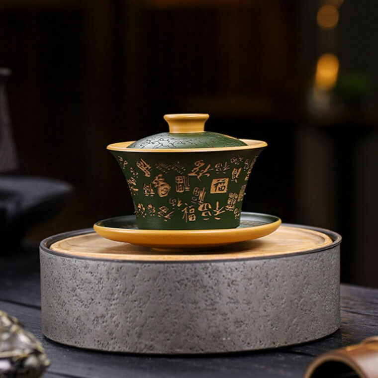 Master Handmade Yixing Zisha Gaiwan [Hundred Blessings] (Huangjin Duan Ni – 150ml)