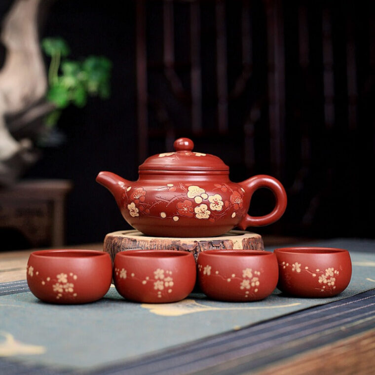 Yixing Zisha Teapot Set [Plum Blossom Fanggu] (Dahongpao – 270ml)