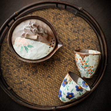 Firewood Fired Hand-painted Floral Ceramic Gaiwan / Tea Cup Set [Happiness]