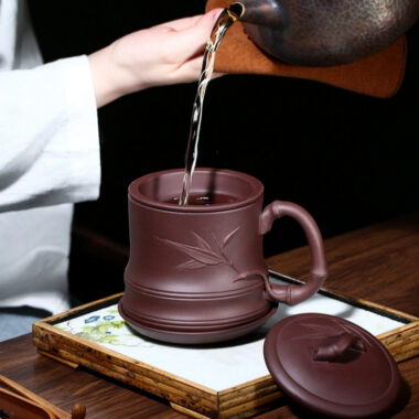 Yixing Zisha Tea Mug with Filter [Bamboo] 4pcs Set (Zi Ni – 480ml)