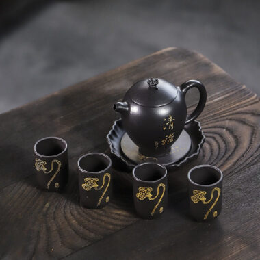 Full Handmade Yixing Zisha Teapot [Wen Xiang] 1 Pot 4 Cups with Tea Tray Set (Shi Huang – 150ml)