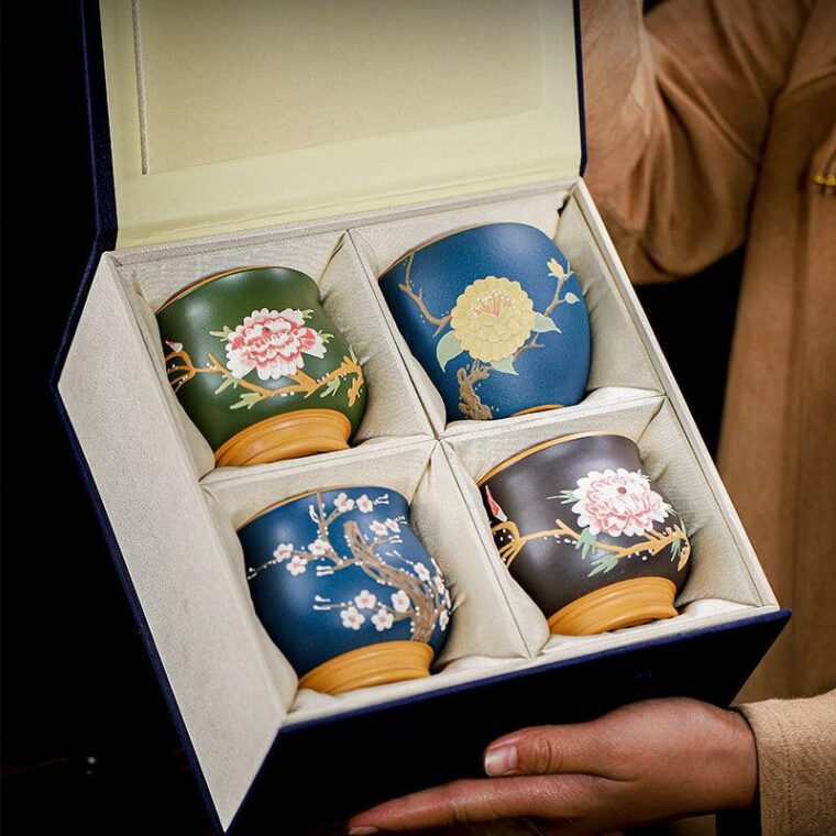 Full Handmade Yixing Zisha Master Tea Cup Gift Set [Flowers Bloom]