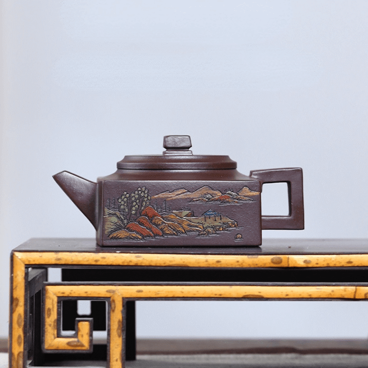 Full Handmade Yixing Zisha Shanshui Color Painted Teapot [Fangshan Yishi] (Lao Zi Ni – 200ml)