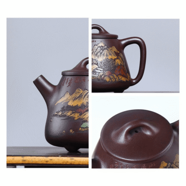 Full Handmade Yixing Zisha Shanshui Color Painted Teapot [Gao Shi Piao] (Lao Zi Ni – 290ml)