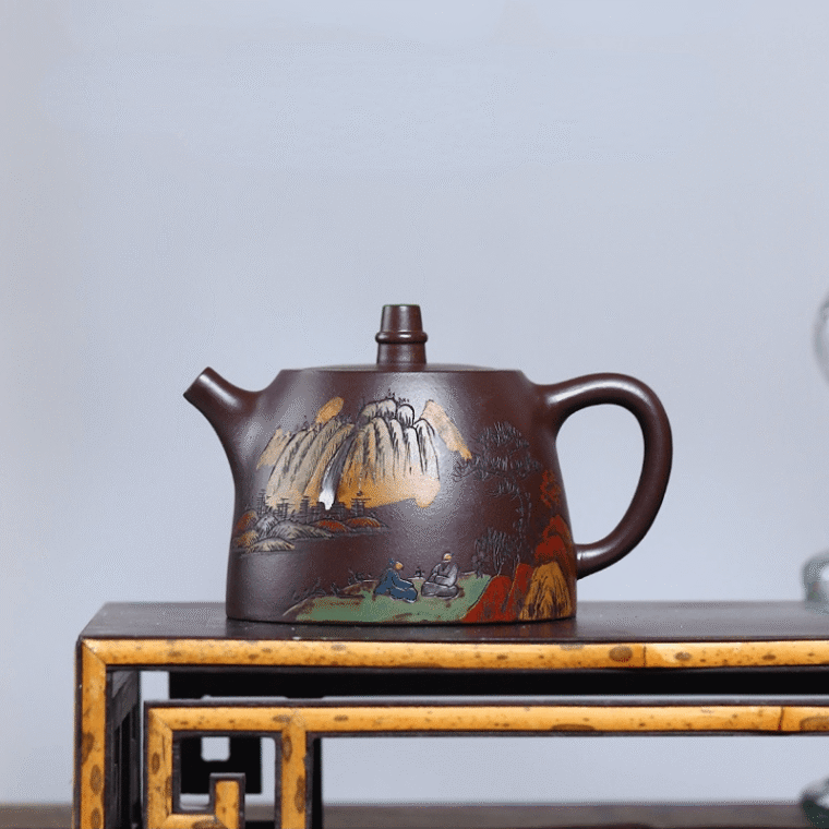 Full Handmade Yixing Zisha Shanshui Color Painted Teapot [Han Duo] (Lao Zi Ni – 310ml)