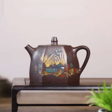 Full Handmade Yixing Zisha Shanshui Color Painted Teapot [Liufang Han Duo] (Lao Zi Ni – 290ml)