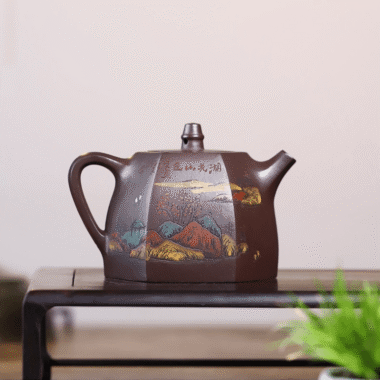 Full Handmade Yixing Zisha Shanshui Color Painted Teapot [Liufang Han Duo] (Lao Zi Ni – 290ml)