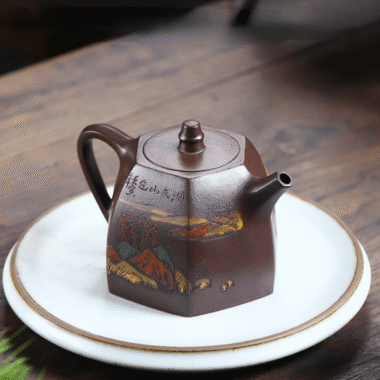 Full Handmade Yixing Zisha Shanshui Color Painted Teapot [Liufang Han Duo] (Lao Zi Ni – 290ml)