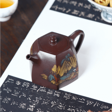 Full Handmade Yixing Zisha Shanshui Color Painted Teapot [Liufang Han Duo] (Lao Zi Ni – 290ml)