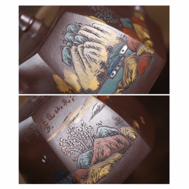 Full Handmade Yixing Zisha Shanshui Color Painted Teapot [Liufang Han Duo] (Lao Zi Ni – 290ml)