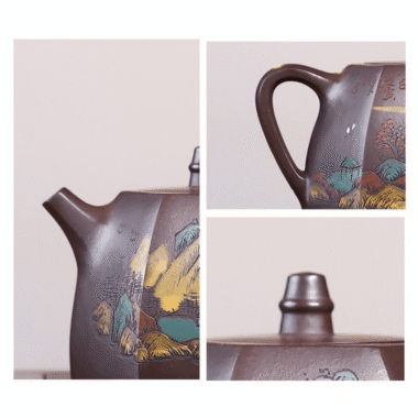 Full Handmade Yixing Zisha Shanshui Color Painted Teapot [Liufang Han Duo] (Lao Zi Ni – 290ml)