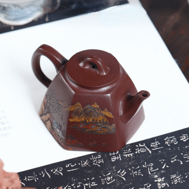 Full Handmade Yixing Zisha Shanshui Color Painted Teapot [Liufang Qin Quan] (Lao Zi Ni – 290ml)