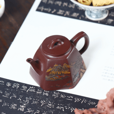 Full Handmade Yixing Zisha Shanshui Color Painted Teapot [Liufang Qin Quan] (Lao Zi Ni – 290ml)