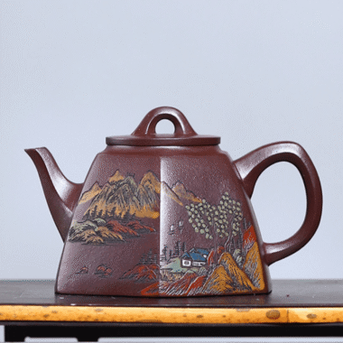 Full Handmade Yixing Zisha Shanshui Color Painted Teapot [Liufang Qin Quan] (Lao Zi Ni – 290ml)