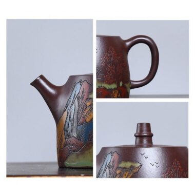 Full Handmade Yixing Zisha Shanshui Color Painted Teapot [Xiao Han Duo] (Lao Zi Ni – 225ml)