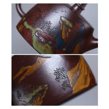 Full Handmade Yixing Zisha Shanshui Color Painted Teapot [Xiao Han Duo] (Lao Zi Ni – 225ml)