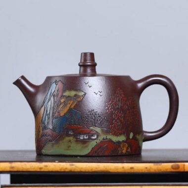 Full Handmade Yixing Zisha Shanshui Color Painted Teapot [Xiao Han Duo] (Lao Zi Ni – 225ml)